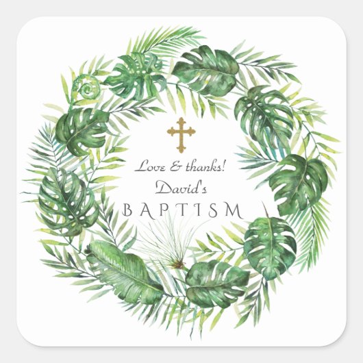 Exotic Hawaiian Tropical Leaves Wreate Christening Vierkante Sticker (Voorkant)