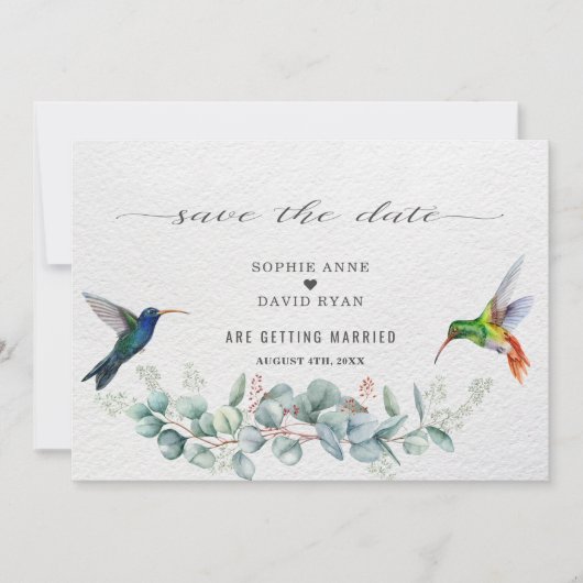 Exotic Hummingbirds Eucalyptus Protea Wedding  Save The Date (Voorkant)