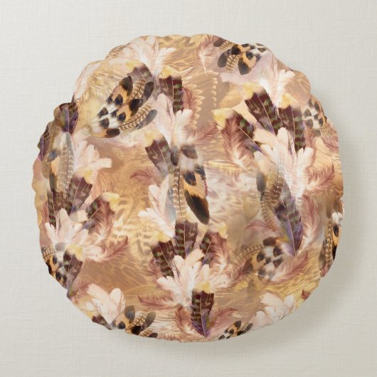 Exotic Mix Brown Tones Bird vether Print Rond Kussen (Voorkant)