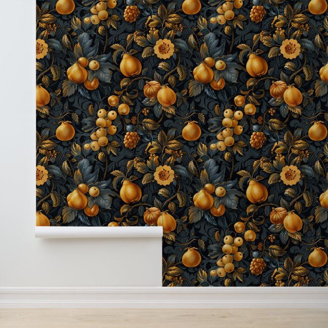 Exotic orange fruits & leaves luxury dark color behang (Applicatie)