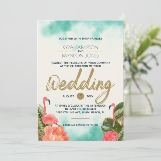 Exotic Paradise Flamingoes Wedding Kaart (Staand voorkant)