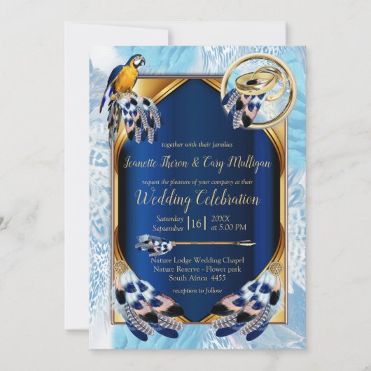 Exotic-Parrot Blue tone veren bruiloft Kaart (Voorkant)