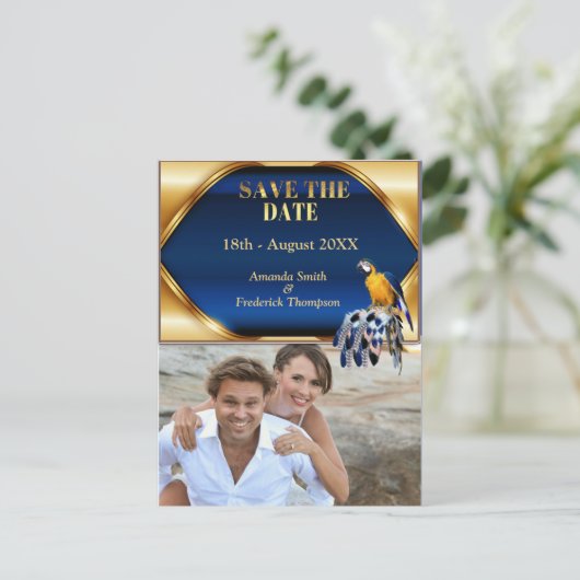 Exotic-Parrot Blue tone veren Save the Dates Aankondigingskaart (Staand voorkant)