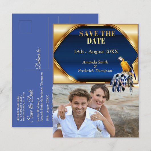 Exotic-Parrot Blue tone veren Save the Dates Aankondigingskaart (Voorkant / Achterkant)