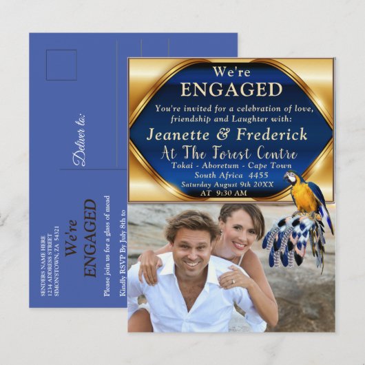 Exotic-Parrot Blue tone veren Verloving Uitnodiging Briefkaart (Voorkant / Achterkant)