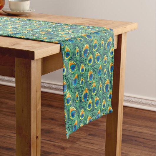 Exotic Peacock Feather Pattern Green Dining Korte Tafelloper (Voorbeeld)