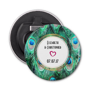 Exotic Peacock Feathers Wedding Favoriet Button Flesopener