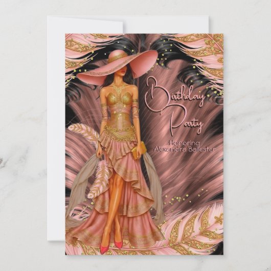 Exotic Pink Dress Gold Black Feather Verjaardag Kaart (Voorkant)