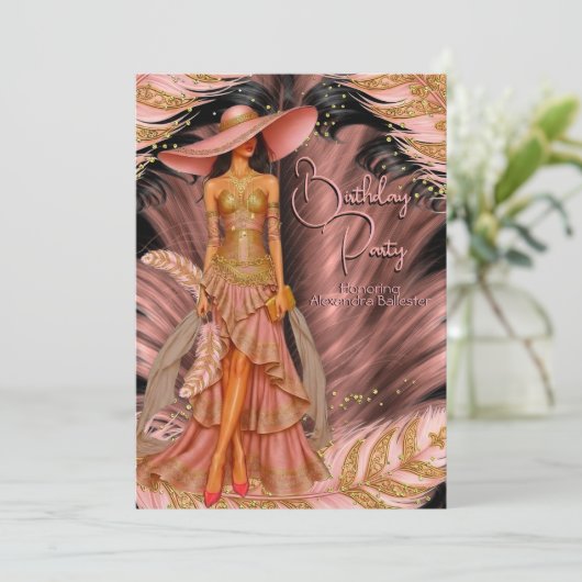 Exotic Pink Dress Gold Black Feather Verjaardag Kaart (Staand voorkant)