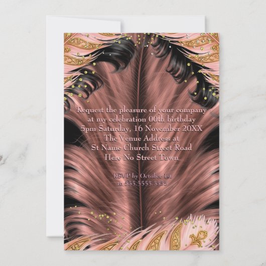 Exotic Pink Dress Gold Black Feather Verjaardag Kaart (Achterkant)