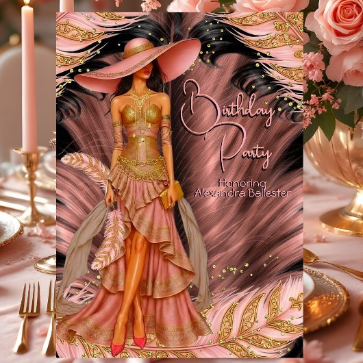 Exotic Pink Dress Gold Black Feather Verjaardag Kaart