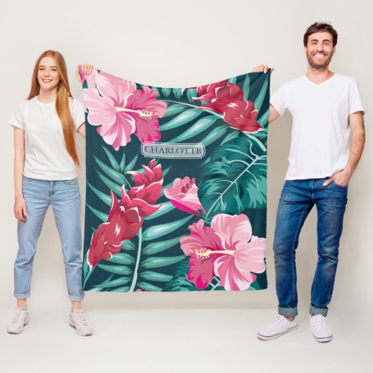 Exotic Pink Flowers Monogram Fleece Deken (In situ)