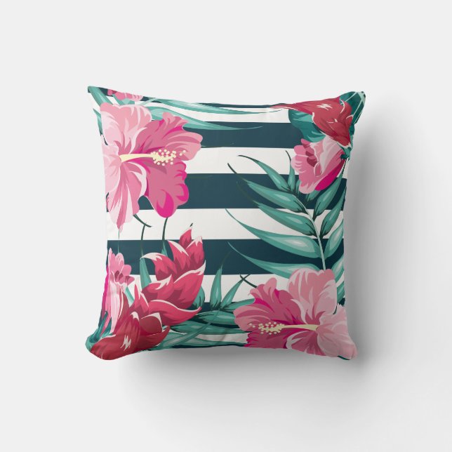 Exotic Pink Flowers Monogram gestript Kussen (Voorkant)