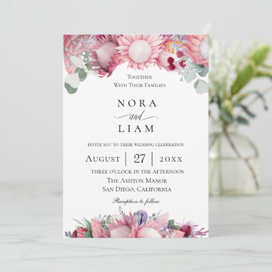 Exotic Protea Floral Wedding Kaart (Staand voorkant)