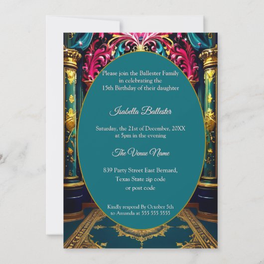 Exotic Quinceanera 15e Verjaardag Blauwgroen Goud  Kaart (Achterkant)