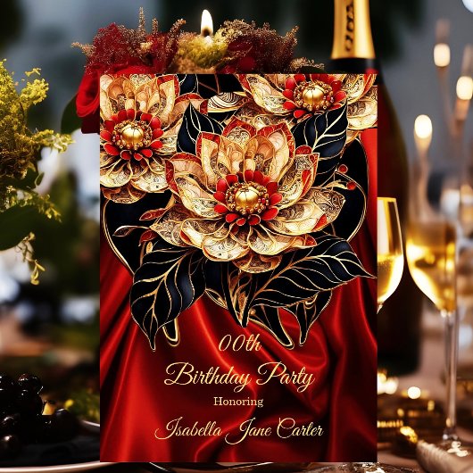 Exotic Red Birthday Party Floral goud zwart Kaart