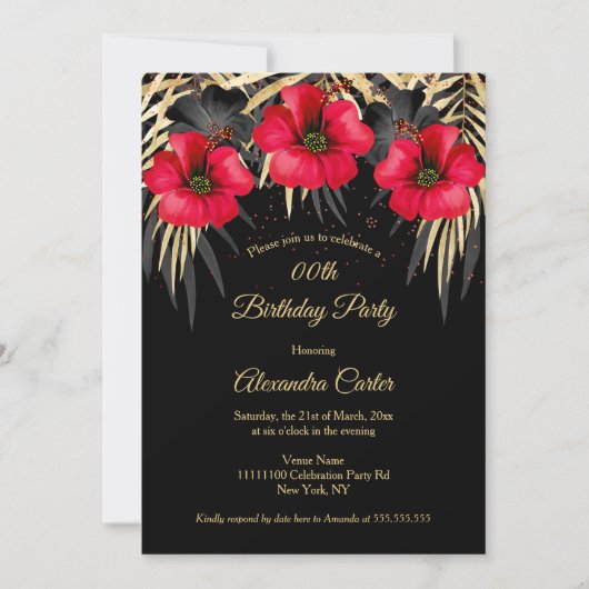 Exotic Red Black Gold Palms Floral Birthday Kaart (Voorkant)
