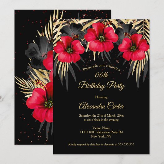 Exotic Red Black Gold Palms Floral Birthday Kaart (Voorkant / Achterkant)