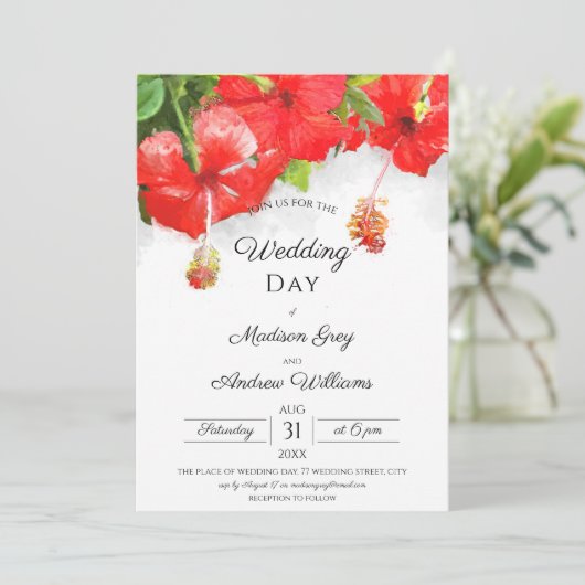 Exotic Red Hibiscus Flower Art Weddenschap Kaart (Staand voorkant)