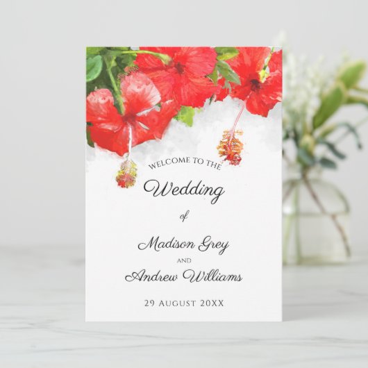 Exotic Red Hibiscus Flower Art Wedding Menu (Staand voorkant)