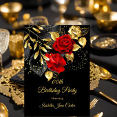 Exotic Red Rose Black Floral Gold Birthday Party Kaart