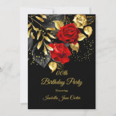 Exotic Red Rose Black Floral Gold Birthday Party Kaart (Voorkant)