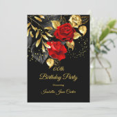 Exotic Red Rose Black Floral Gold Birthday Party Kaart (Staand voorkant)