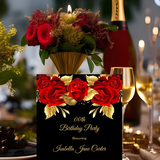 Exotic Red Rose Black Floral Golden Birthday Party Kaart