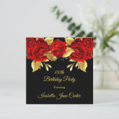 Exotic Red Rose Black Floral Golden Birthday Party Kaart (Staand voorkant)