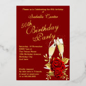 Exotic Red Rose Gold Floral Birthday Party Folie Uitnodiging (Voorkant)