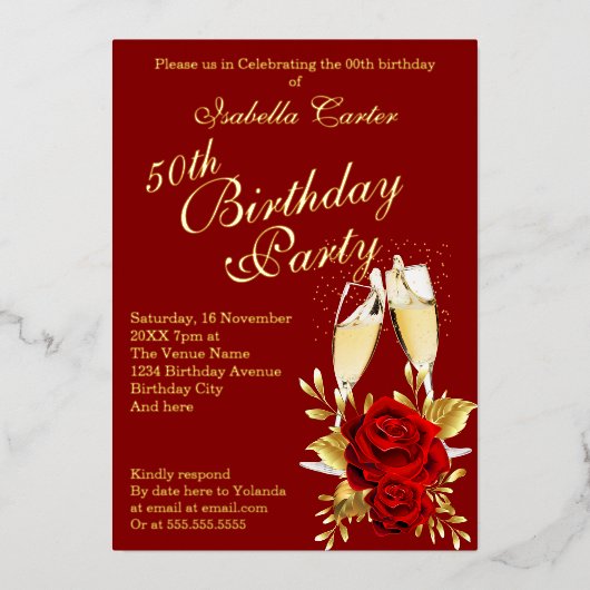 Exotic Red Rose Gold Floral Birthday Party Folie Uitnodiging (Voorkant)