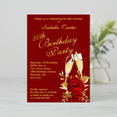 Exotic Red Rose Gold Floral Birthday Party Folie Uitnodiging (Staand Voorkant)