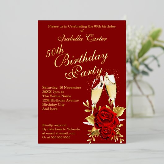 Exotic Red Rose Gold Floral Birthday Party Folie Uitnodiging (Staand Voorkant)