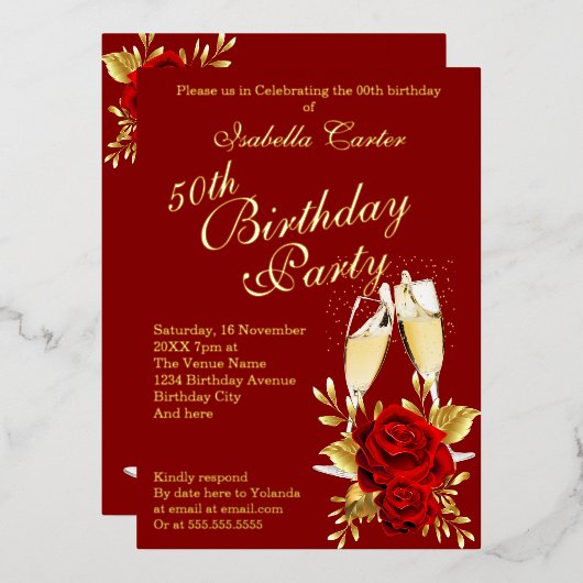 Exotic Red Rose Gold Floral Birthday Party Folie Uitnodiging (Voorkant / Achterkant)