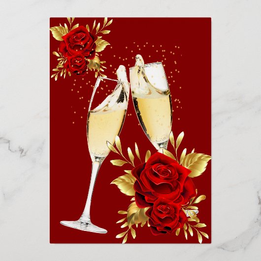 Exotic Red Rose Gold Floral Birthday Party Folie Uitnodiging (Achterkant)