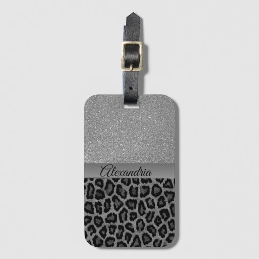 Exotic Silver Glitter Leopard Print Bagagelabel (Voorkant (verticaal))