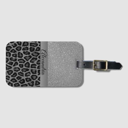 Exotic Silver Glitter Leopard Print Bagagelabel (Voorkant (horizontaal))