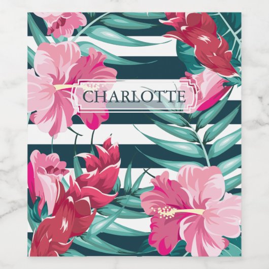 Exotic Summer Floral monogram gestript Wijn Etiket (Enkel label)