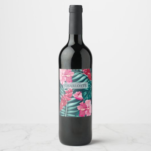 Exotic Summer Floral monogram Wijn Etiket (Voorkant)