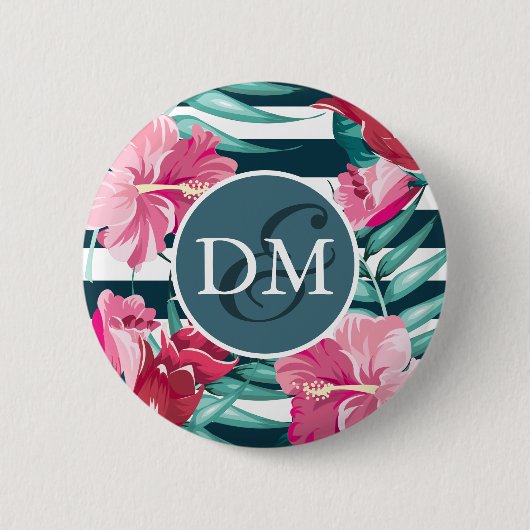 Exotic Summer Flowers Monogram gestript Ronde Button 5,7 Cm (Voorkant)
