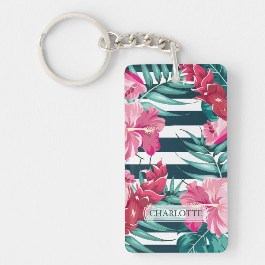 Exotic Summer Flowers Monogram gestript Sleutelhanger (Voorkant)