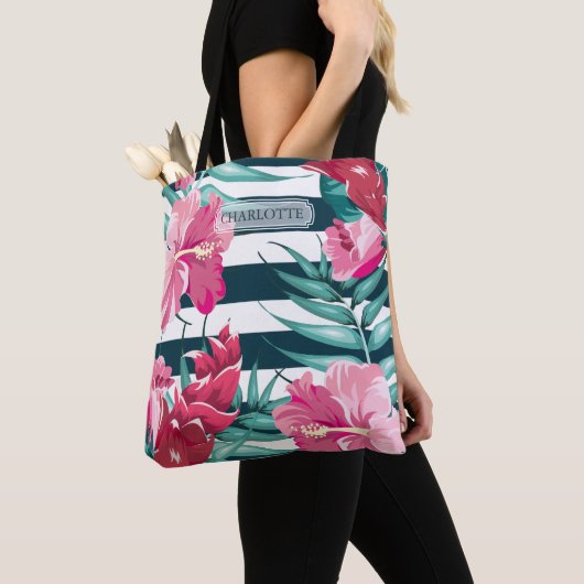 Exotic Summer Flowers Monogram gestript Tote Bag (Dichtbij)