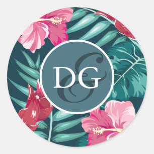Exotic Summer Flowers Monogram Ronde Sticker