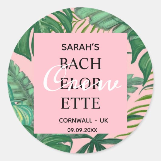 Exotic Tropical Palm Greenery Bachelorette Crew Ronde Sticker (Voorkant)