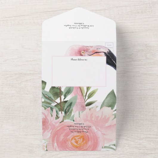 Exotic Tropical Pink Flamingo Wedingmonogram Alle All In One Uitnodiging (Buitenkant)