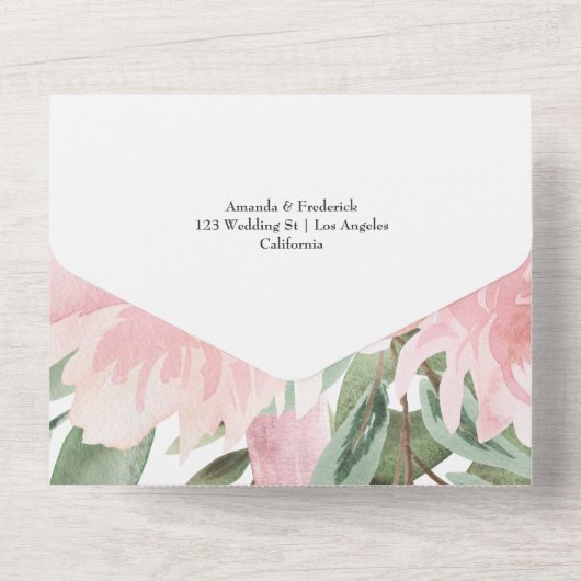 Exotic Tropical Pink Flamingo Wedingmonogram Alle All In One Uitnodiging (Achterkant)