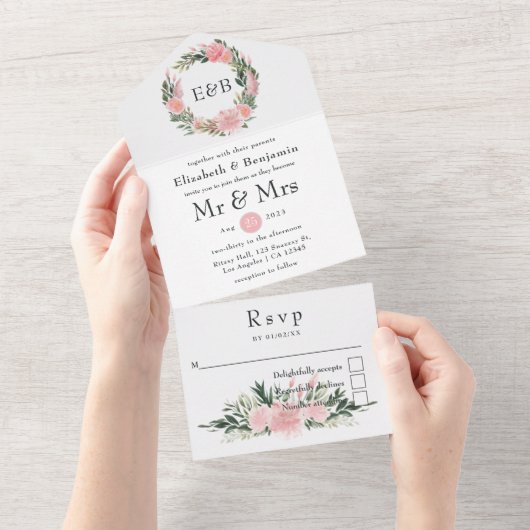 Exotic Tropical Pink Flamingo Weduwemonogram All In One Uitnodiging (Afscheurbaar)