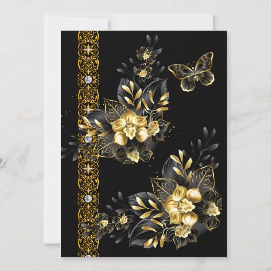 Exotic Wedding Black Gold Floral Butterfly Kaart (Achterkant)