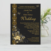 Exotic Wedding Black Gold Floral Butterfly Kaart (Staand voorkant)