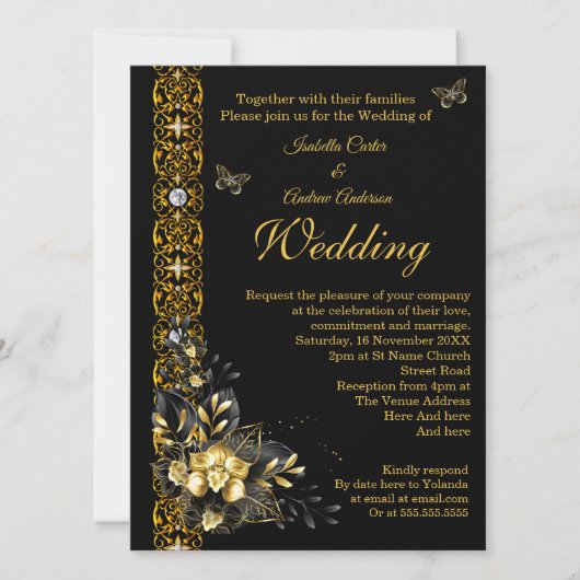 Exotic Wedding Black Gold Floral Butterfly Kaart (Voorkant)